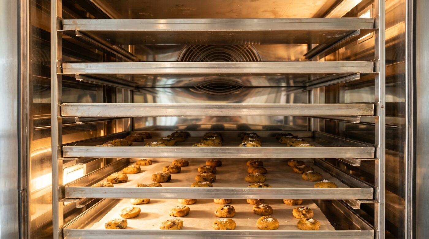 Trays of freshly baked cookies stacked in a cooling rack.