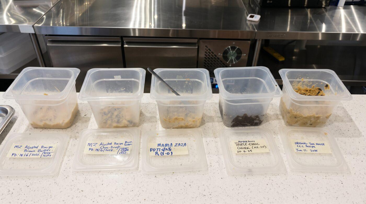 Labelled tubs of cookie dough lined up on the prep counter, each marked with its recipe and date.